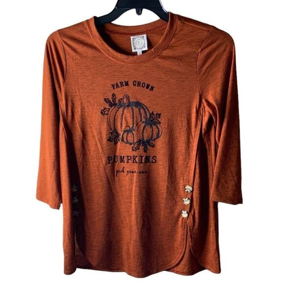 Truself Farm Grown Pumpkins T-Shirt Womens Medium 3/4 Sleeve Curved Hem Orange - Picture 1 of 12